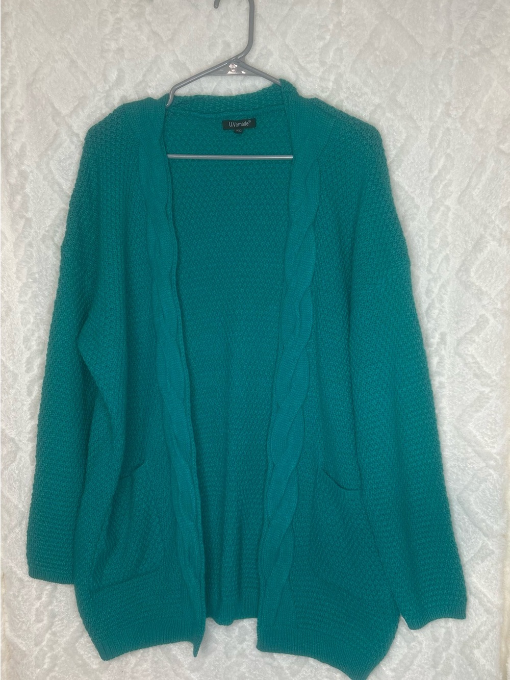 U. Vomade Teal Open-Front Cable-Trim Cardigan